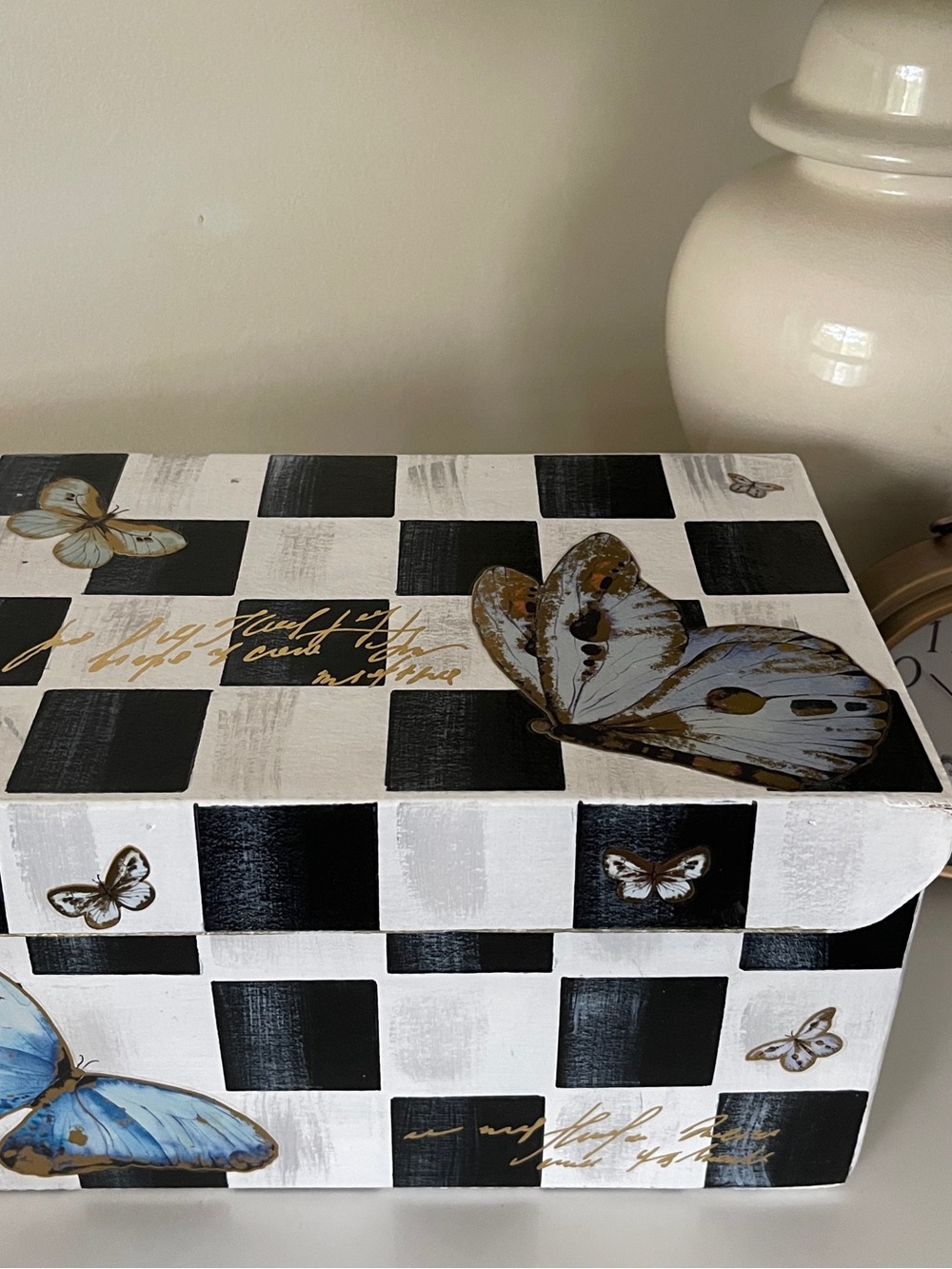 Handmade Home Accent Decorative Butterfly Checkered Storage Box - White & Black